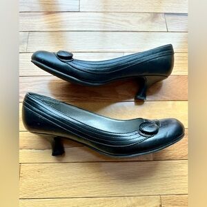 Madden Girl Black Leather Low Heel Pumps with Button Accent